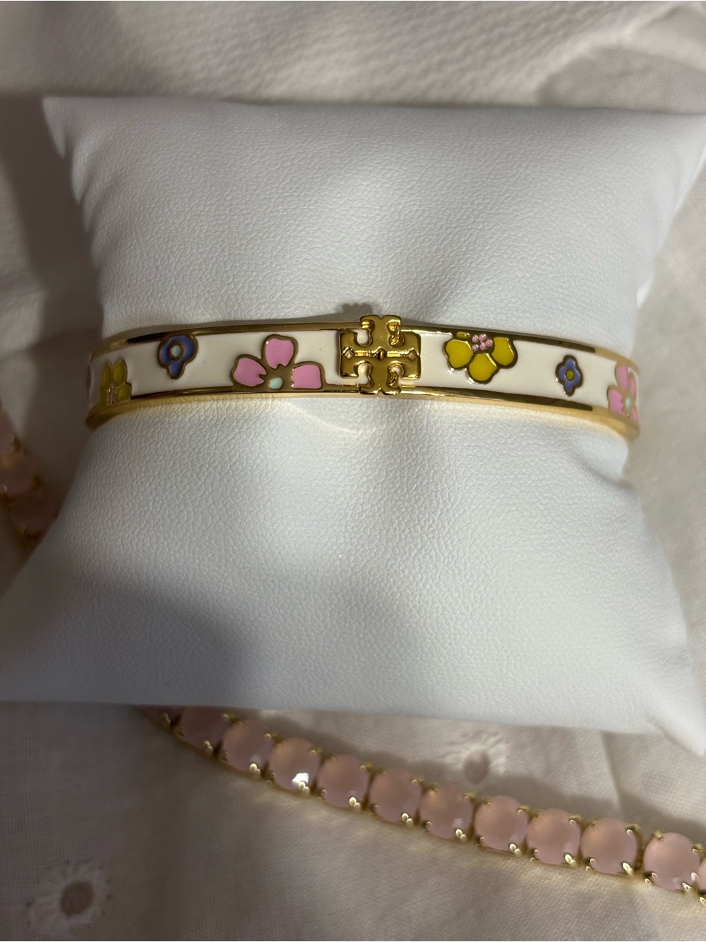 Tory Burch White Enamel Floral Logo Bangle with Pink & Yellow Accents
